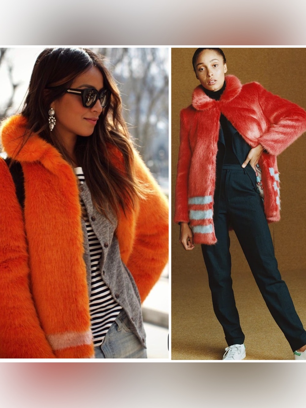 Shrimps Dulcie Faux Fur Jacket Flame Orange and Powder Blue Stripe Fall Winter
